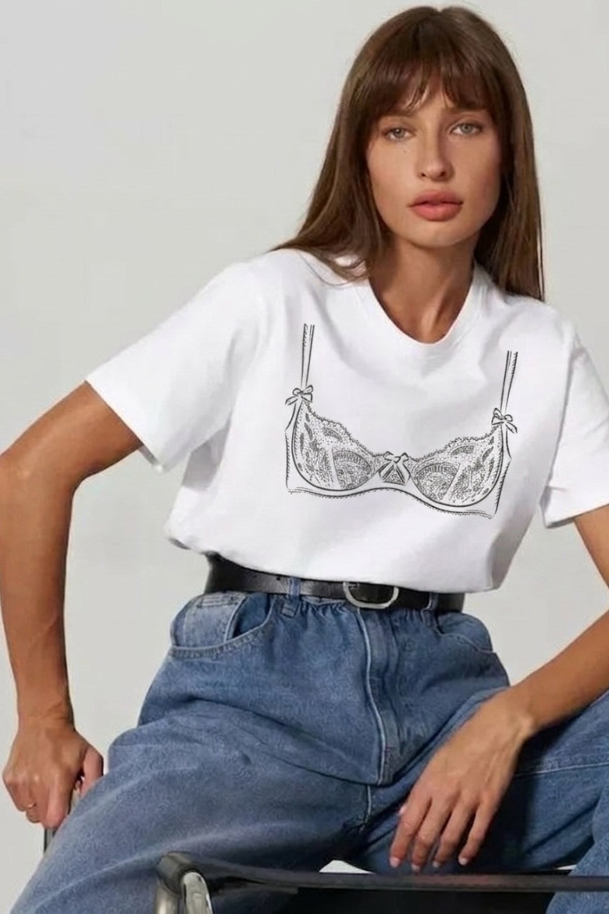 Kadın Double Oversize Lingerie Sketch Blue Baskılı Beyaz – Bisiklet Yaka, Rahat Kalıp, %100 Pamuk