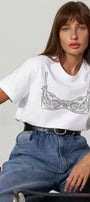 Kadın Double Oversize Lingerie Sketch Blue Baskılı Beyaz – Bisiklet Yaka, Rahat Kalıp, %100 Pamuk