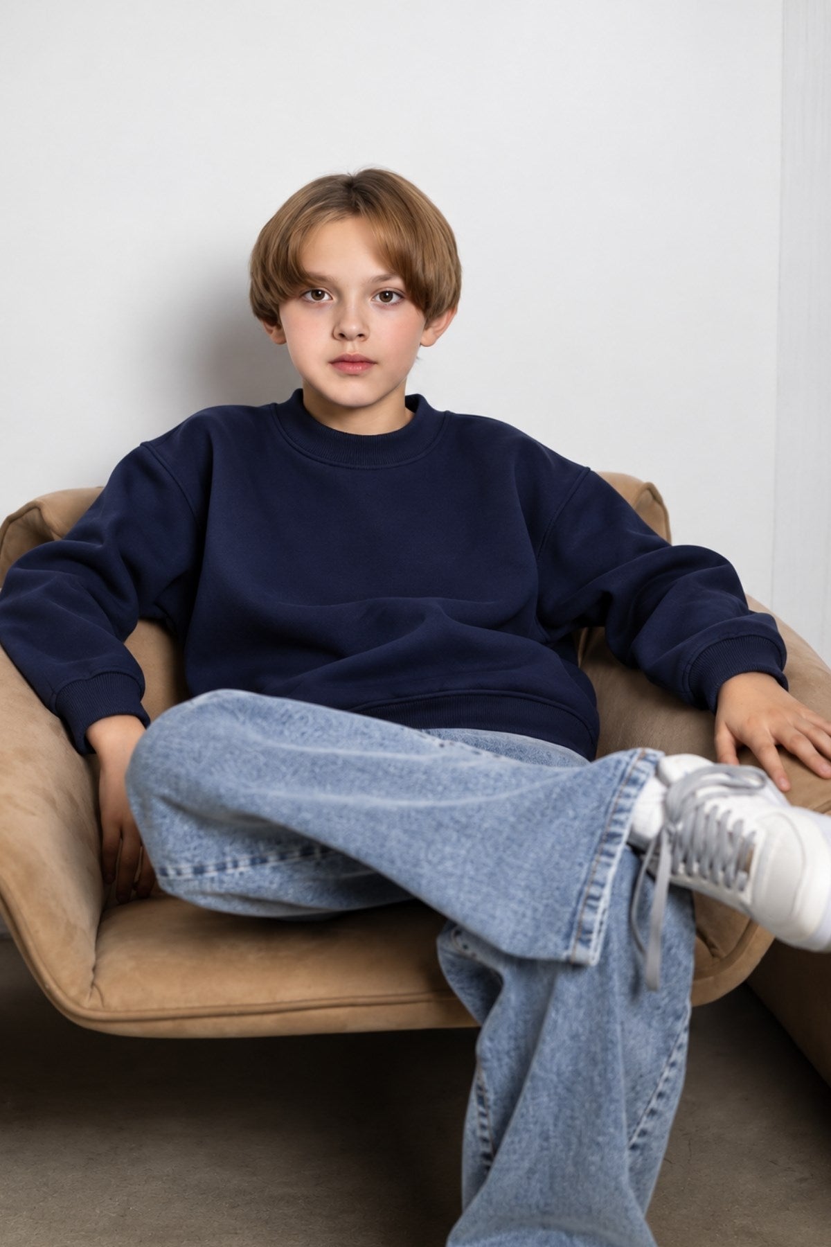 Erkek Çocuk Oversize Sweatshirt Basic Lacivert – Bisiklet yaka, 3 iplik şardonlu polar