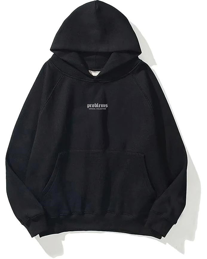 Kapüşonlu İçi Polar Problems Yazılı Heykel Baskılı Siyah Unisex Hoodie Sweatshirt