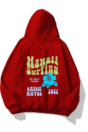 Kapüşonlu İçi Polar Hawaii Baskılı Kırmızı Unisex Oversize Hoodie Sweatshirt