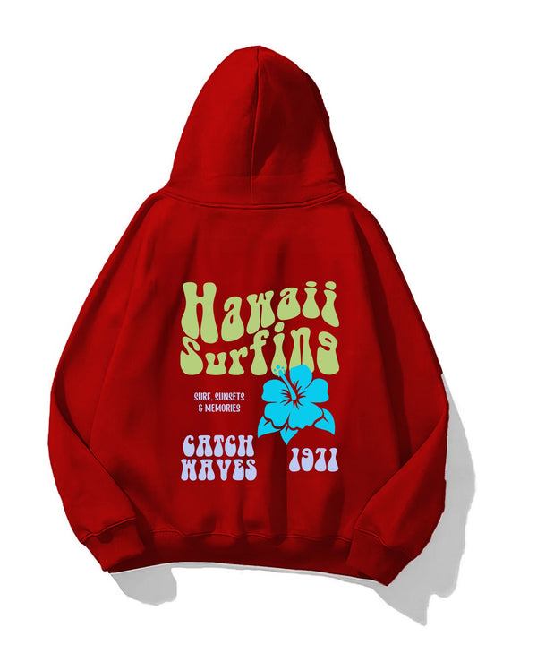 Kapüşonlu İçi Polar Hawaii Baskılı Kırmızı Unisex Oversize Hoodie Sweatshirt