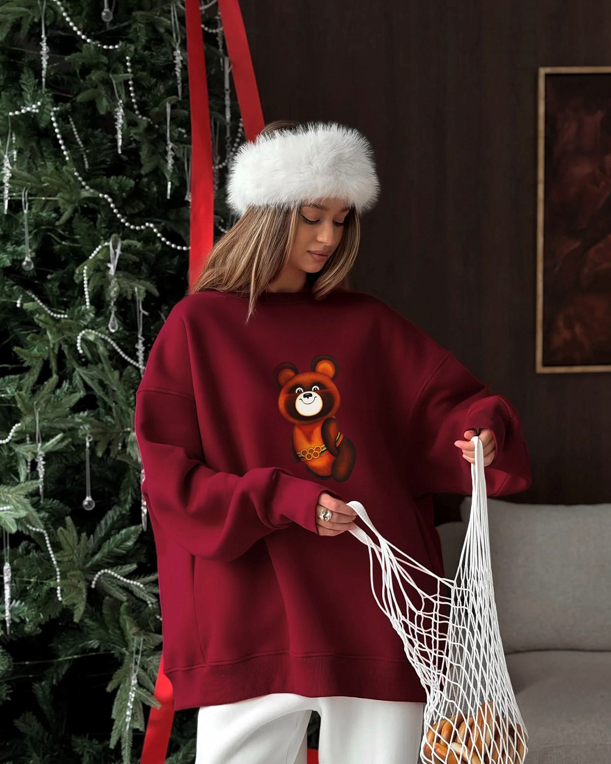 Kadın Oversize Sweatshirt Elbise Misha Mood Baskılı Bordo – Bisiklet Yaka, 3 İplik Şardonlu Polar