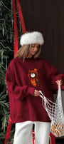 Kadın Oversize Sweatshirt Elbise Misha Mood Baskılı Bordo – Bisiklet Yaka, 3 İplik Şardonlu Polar