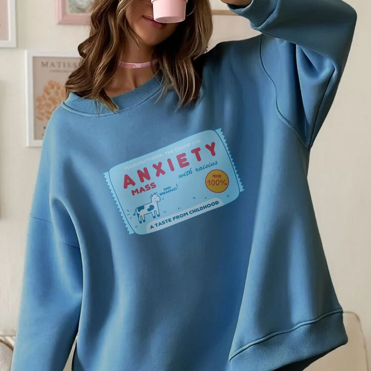 Kadın Oversize Sweatshirt Elbise Anxiety Bar Baskılı Marine – Bisiklet Yaka, 3 İplik Şardonlu Polar