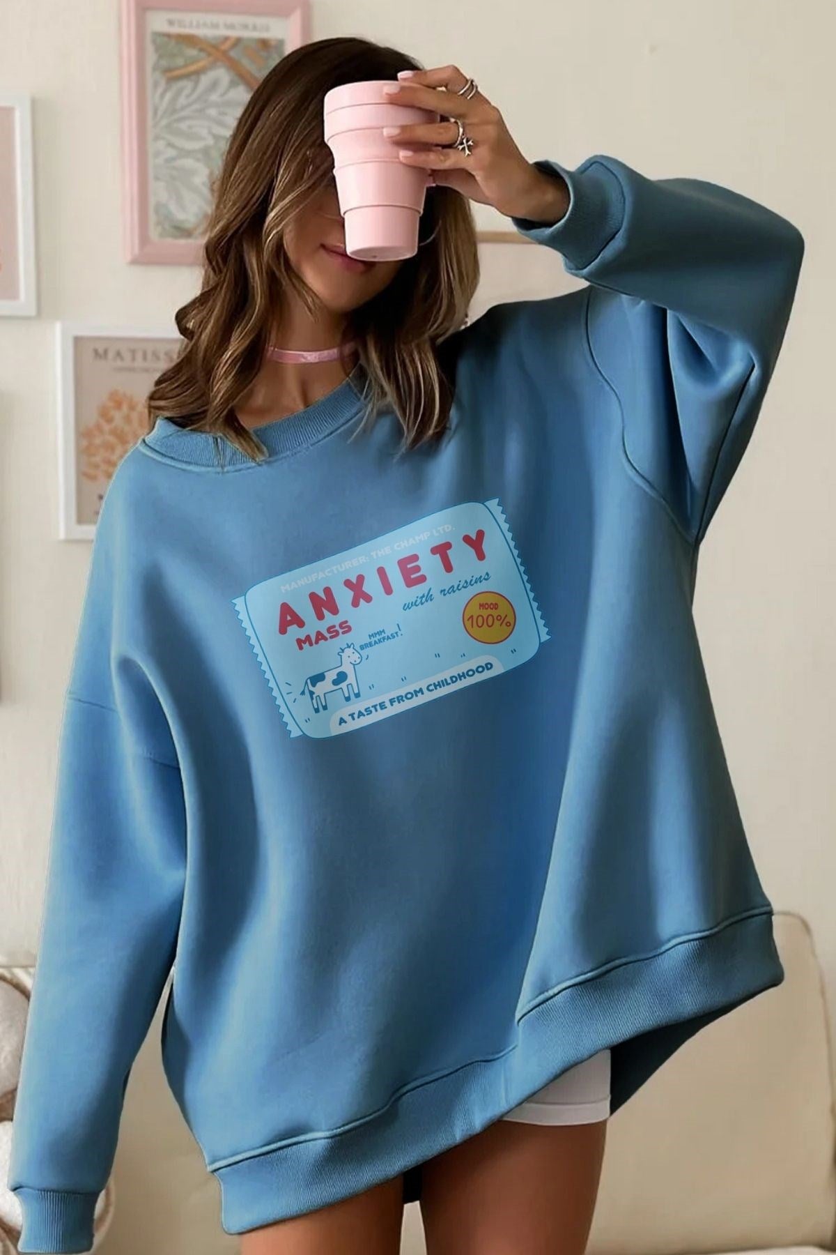 Kadın Oversize Sweatshirt Elbise Anxiety Bar Baskılı Marine – Bisiklet Yaka, 3 İplik Şardonlu Polar
