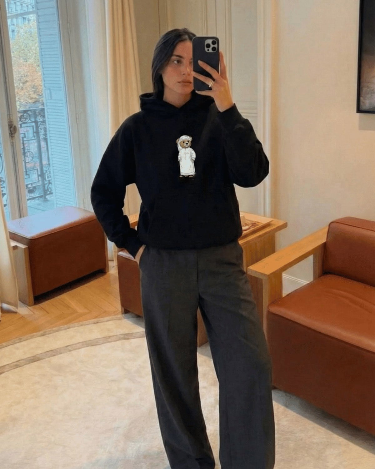 Kadın Oversize Sweatshirt Hoodie Emirati Bear Siyah – Kapüşonlu, 3 İplik Polar, Kanguru Cepli