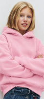 Kız Çocuk Oversize Basic Hoodie Sweatshirt Pembe – Kapüşonlu, Kanguru Cepli, 3 İplik Polar