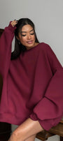 Kadın Oversize Sweatshirt Elbise Basic Bordo – Bisiklet Yaka, 3 İplik Şardonlu Polar