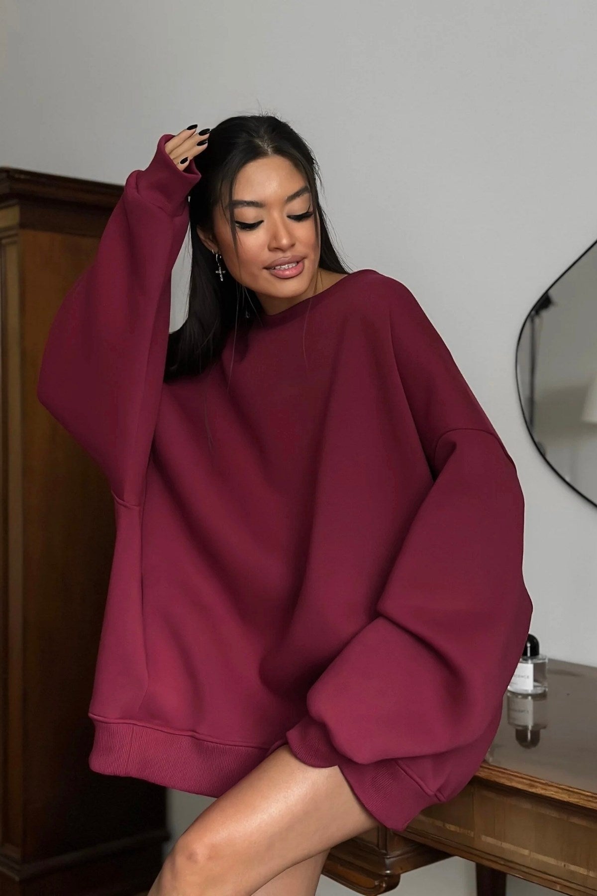 Kadın Oversize Sweatshirt Elbise Basic Bordo – Bisiklet Yaka, 3 İplik Şardonlu Polar