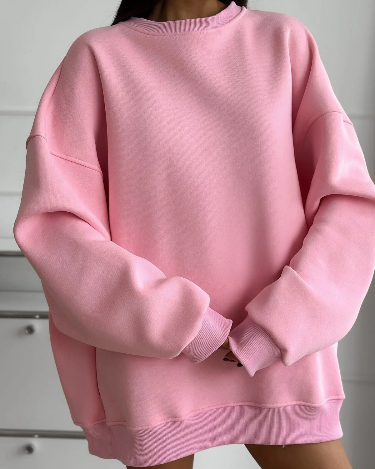 Kadın Oversize Sweatshirt Elbise Basic Pembe – Bisiklet Yaka, 3 İplik Şardonlu Polar