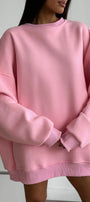 Kadın Oversize Sweatshirt Elbise Basic Pembe – Bisiklet Yaka, 3 İplik Şardonlu Polar
