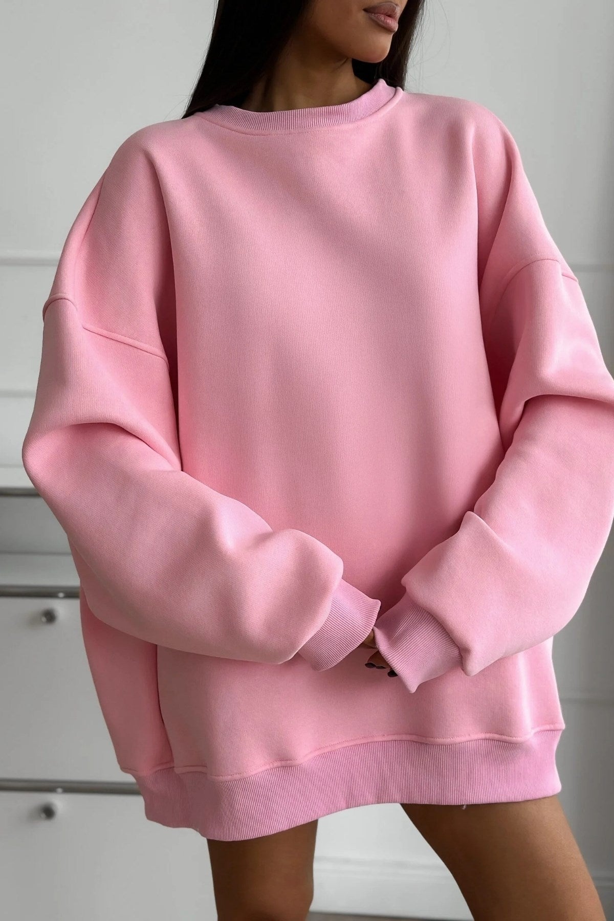 Kadın Oversize Sweatshirt Elbise Basic Pembe – Bisiklet Yaka, 3 İplik Şardonlu Polar