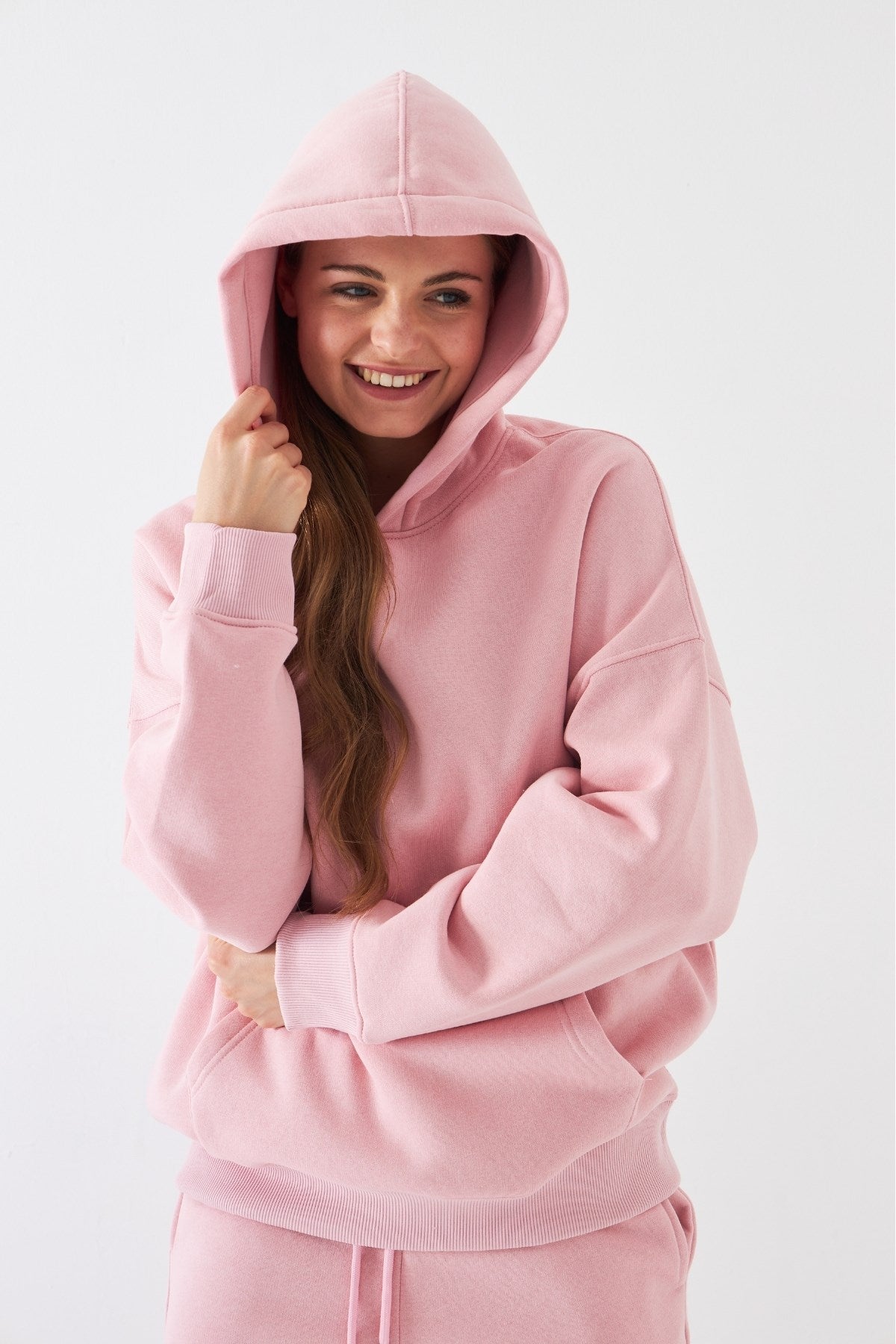 Oversize Unisex Sweatshirt Hoodie Pembe – Kapüşonlu, 3 İplik Şardonlu Polar, Kanguru Cepli, Basic