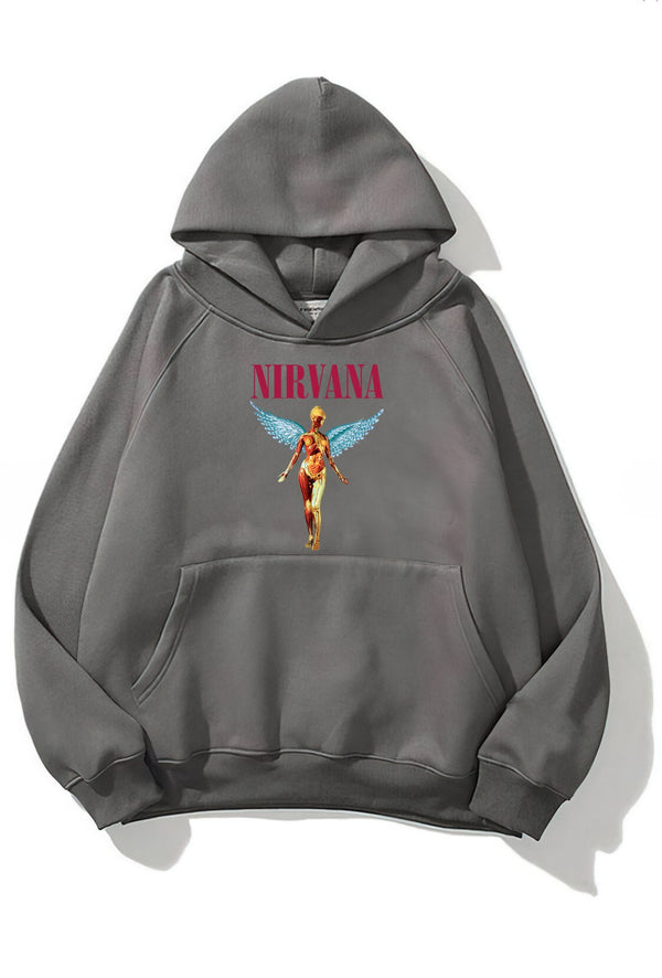 Kapüşonlu İçi Polar Nirvana Angel Baskılı Füme Unisex Hoodie Sweatshirt