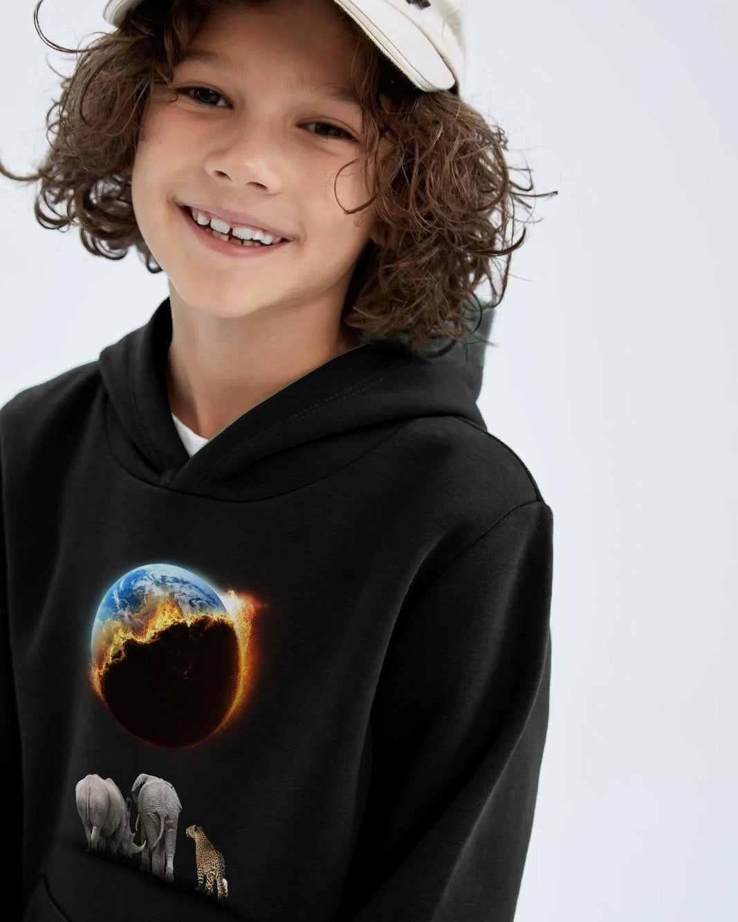 Siyah Kapüşonlu İçi Polar Burning World And Animals Baskılı Unisex Çocuk Sweatshirt