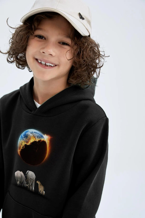 Siyah Kapüşonlu İçi Polar Burning World And Animals Baskılı Unisex Çocuk Sweatshirt