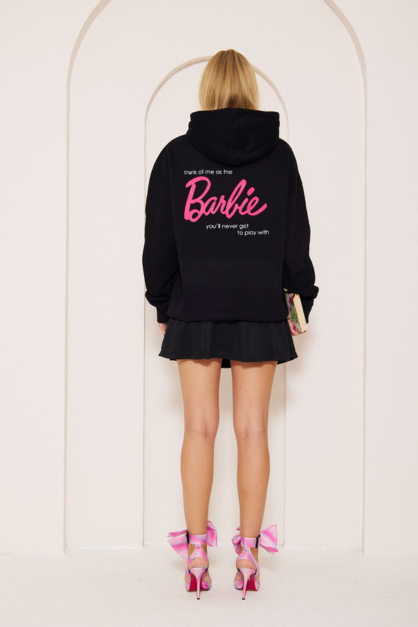 Kapüşonlu İçi Polar Think Of Barbie Baskılı Siyah Unisex Hoodie Sweatshirt