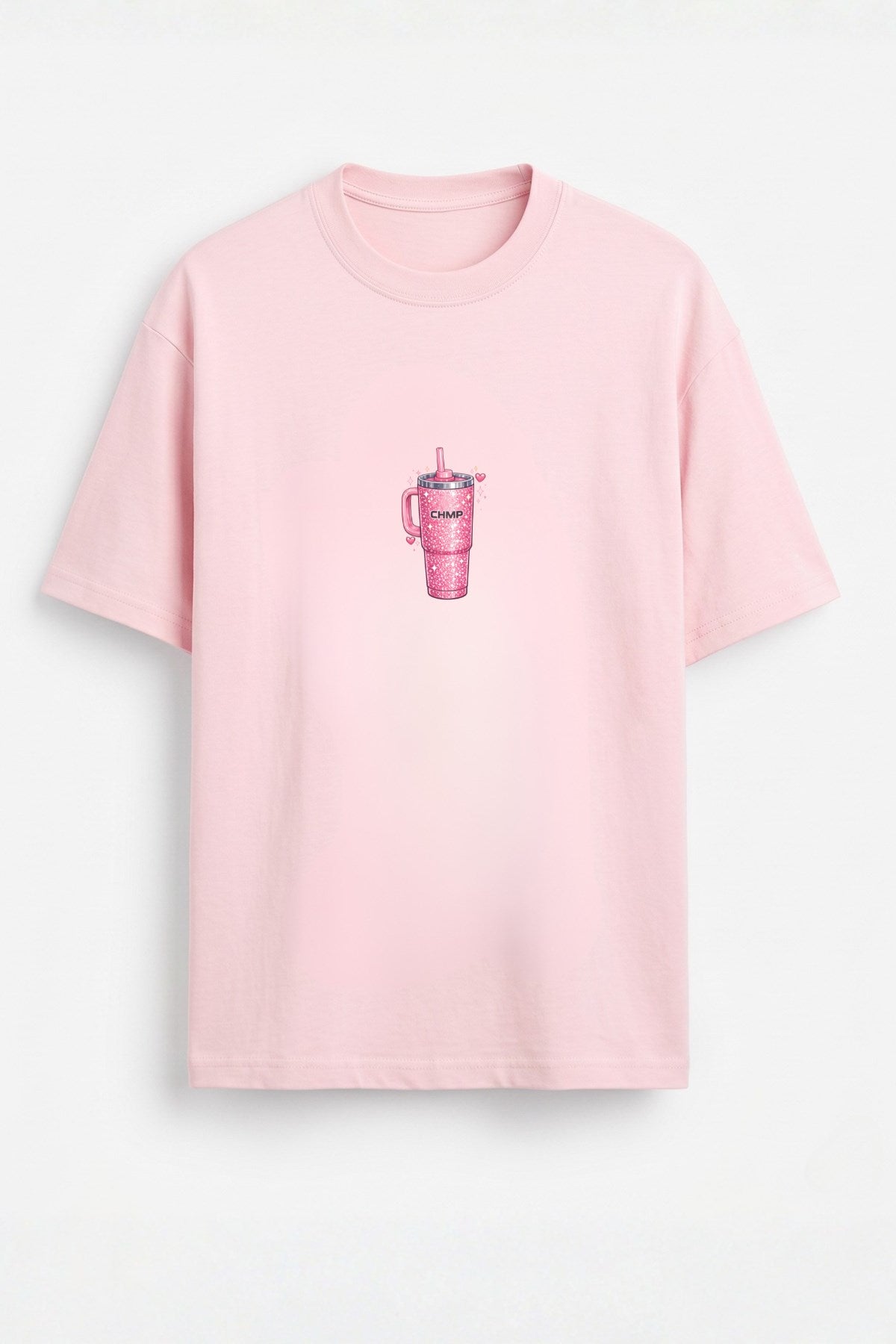 Kadın Oversize Tişört Pink Tumbler Baskılı Pembe – Bisiklet Yaka, Rahat Kalıp, %100 Pamuk