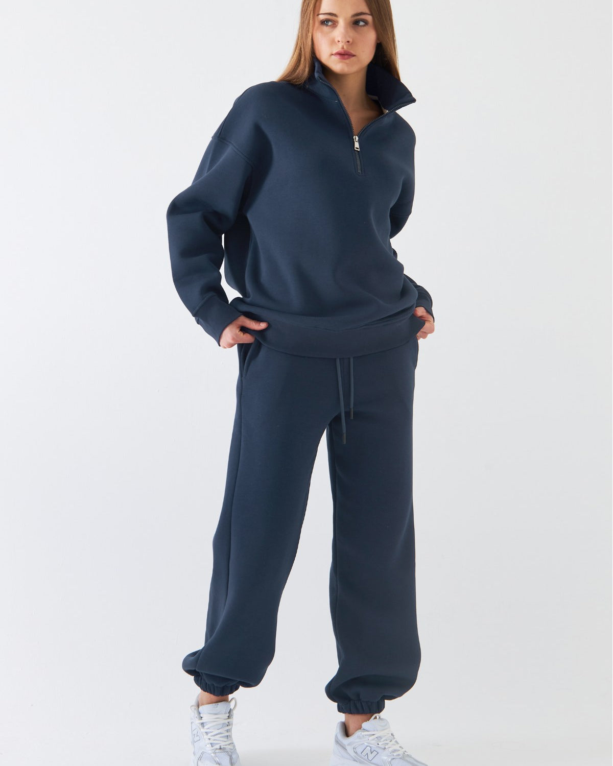 Unisex Oversize Eşofman Takımı Basic Marine – Fermuarlı Dik Yaka, Lastikli Paça, 3 İplik Polar