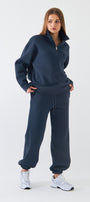 Unisex Oversize Eşofman Takımı Basic Marine – Fermuarlı Dik Yaka, Lastikli Paça, 3 İplik Polar