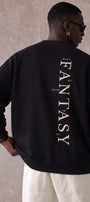 Erkek Oversize Sweatshirt Fantasy Back Baskılı Siyah – Bisiklet Yaka, 3 İplik Şardonlu Polar