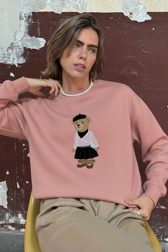 Kadın Oversize Sweatshirt Ballerina Bear Baskılı Pembe – Bisiklet Yaka, 3 İplik Şardonlu Polar