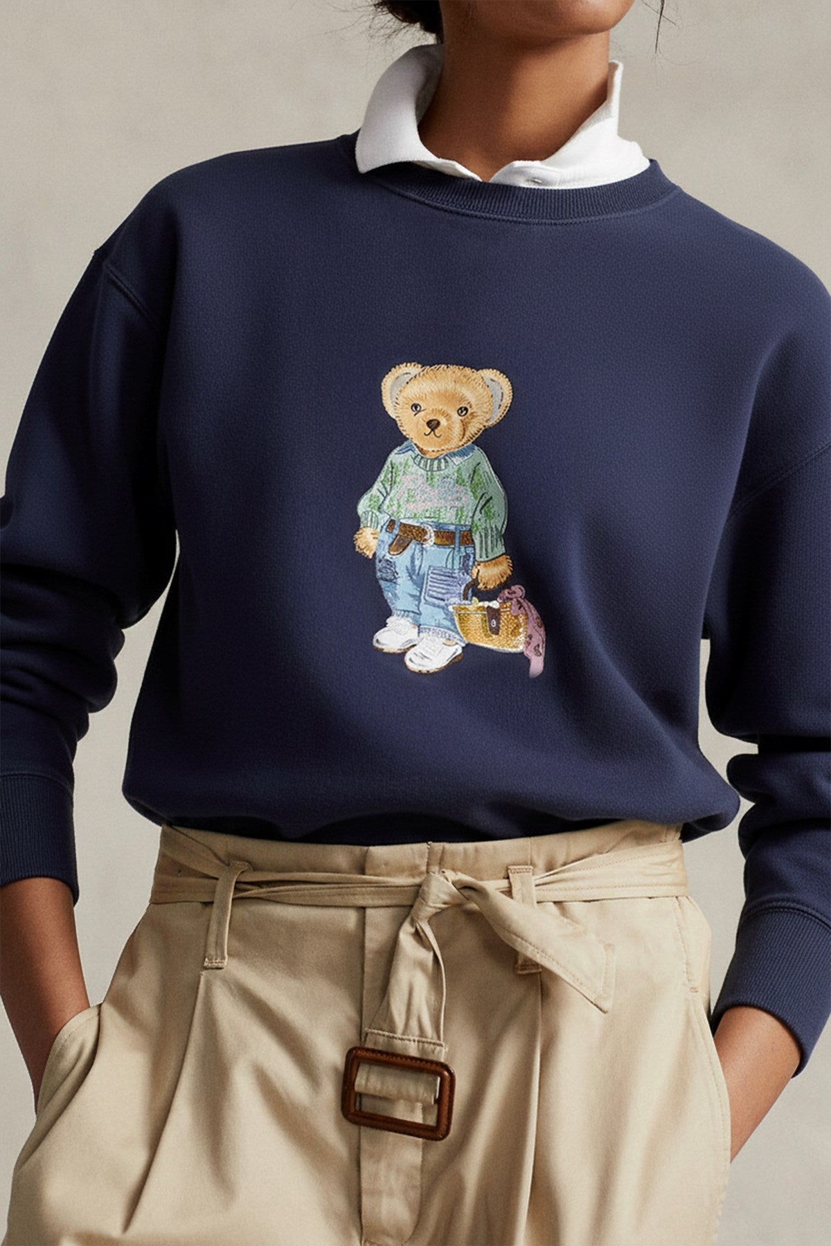 Kadın Oversize Sweatshirt Weekend Bear Baskılı Lacivert – Bisiklet Yaka, 3 İplik Şardonlu