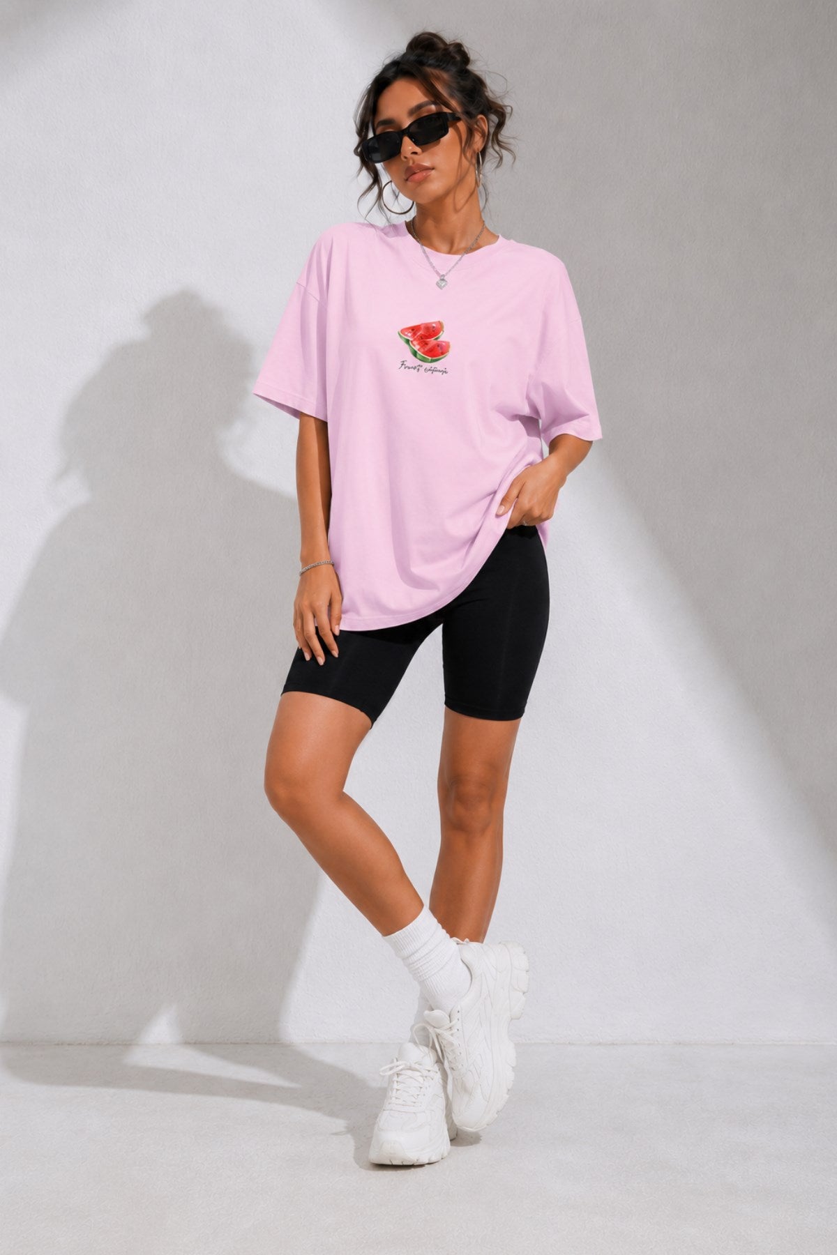 Kadın Oversize Tişört Watermelon Mood Baskılı Pembe – Bisiklet Yaka, Rahat Kalıp, %100 Pamuk