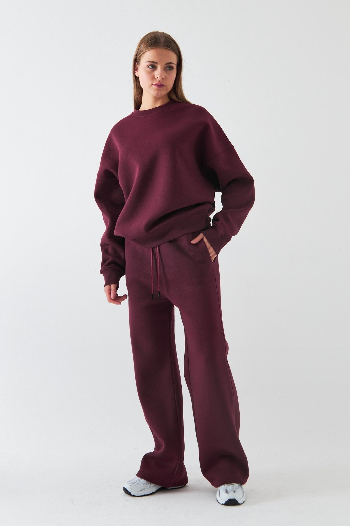 Unisex Oversize Eşofman Takımı Basic Bordo – Bisiklet Yaka, Boru Paça, 3 İplik Şardonlu Polar