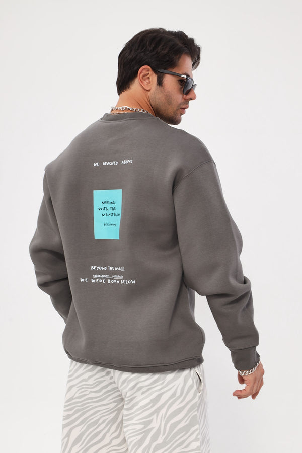 Bisiklet Yaka İçi Polar Unknown Desire Yazı Baskılı Füme Oversize Sweatshirt