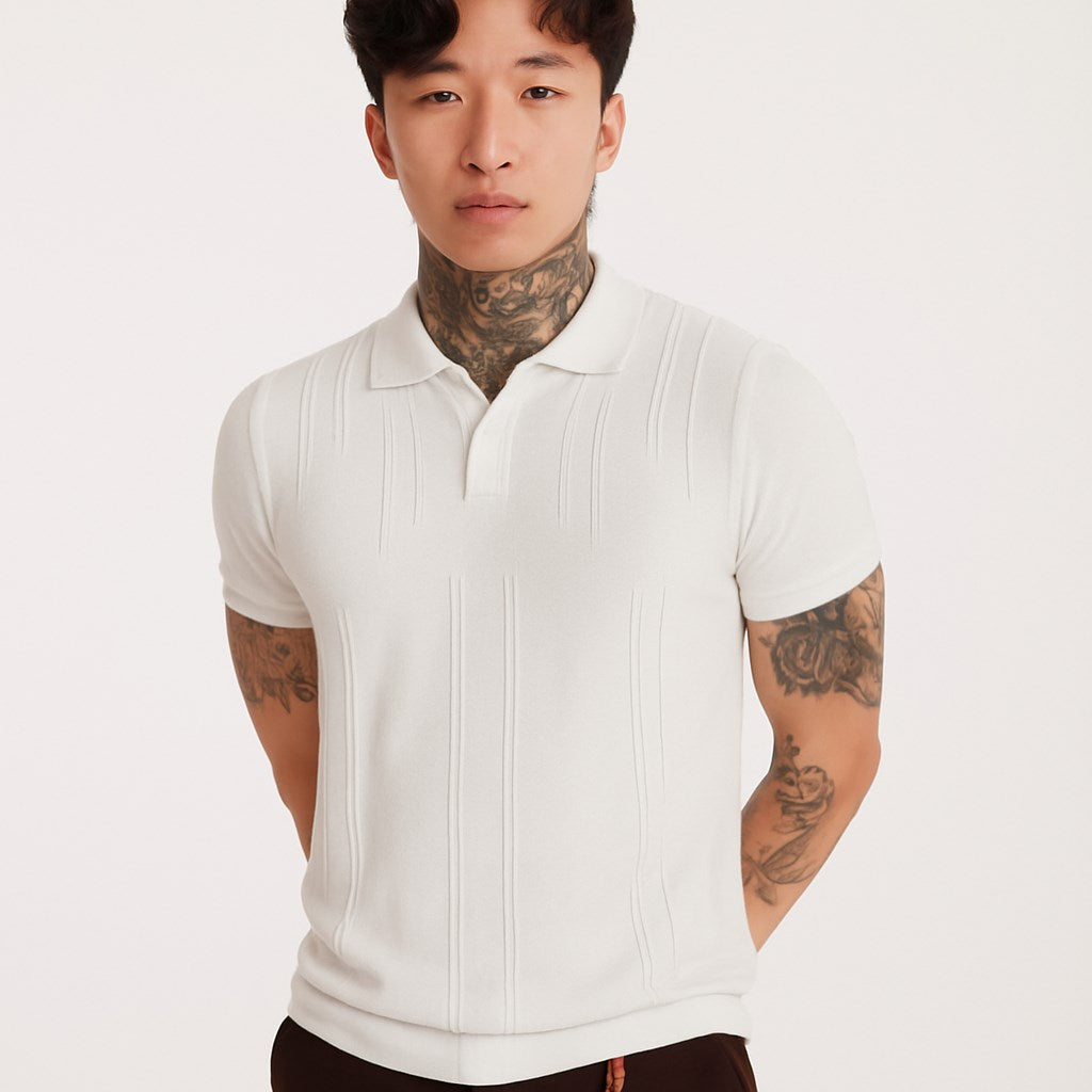 Erkek Beyaz Polo Yaka Triko Tişört – Kısa Kollu, Yazlık Modern Slim Fit Örgü Model