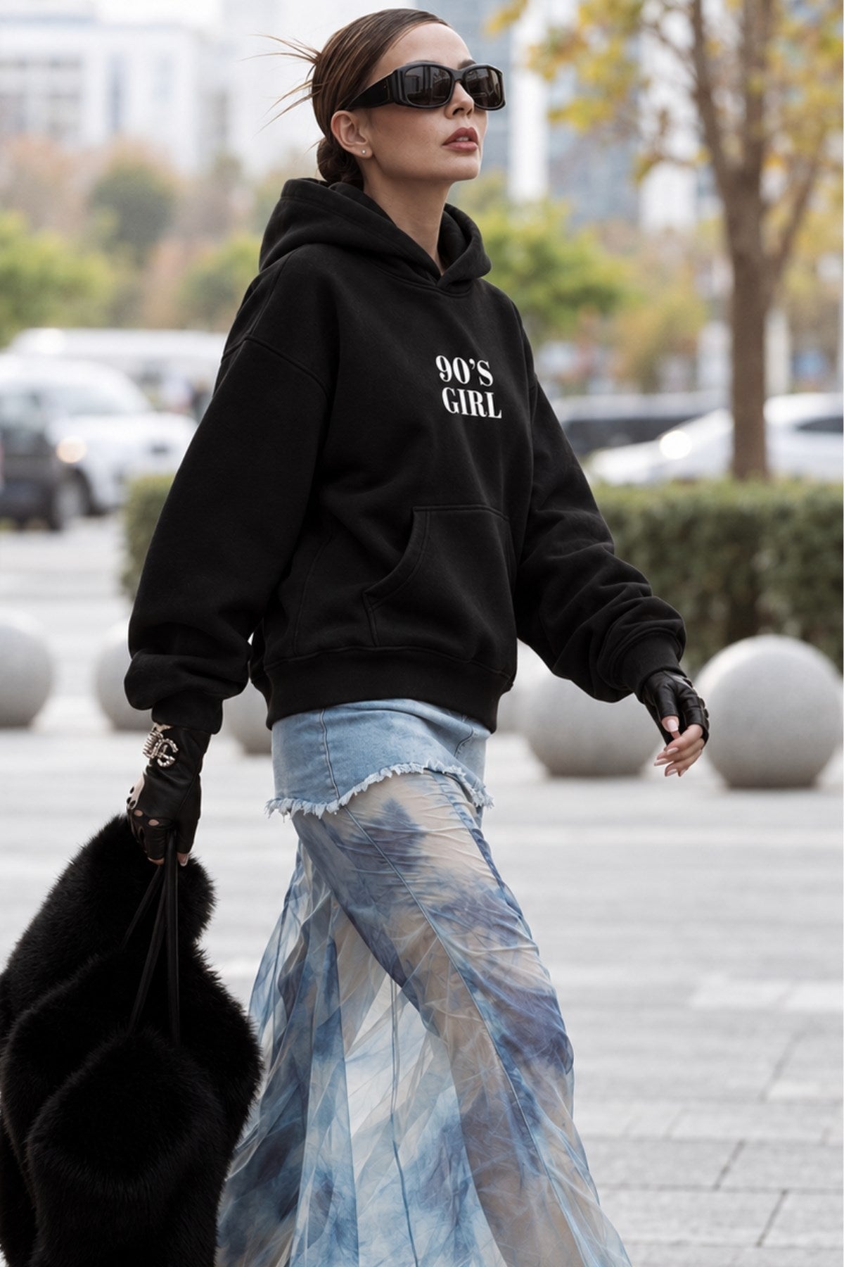 Kadın Oversize Hoodie 90’s Girl Baskılı Siyah – Kapüşonlu, Kanguru Cepli, 3 İplik Polar