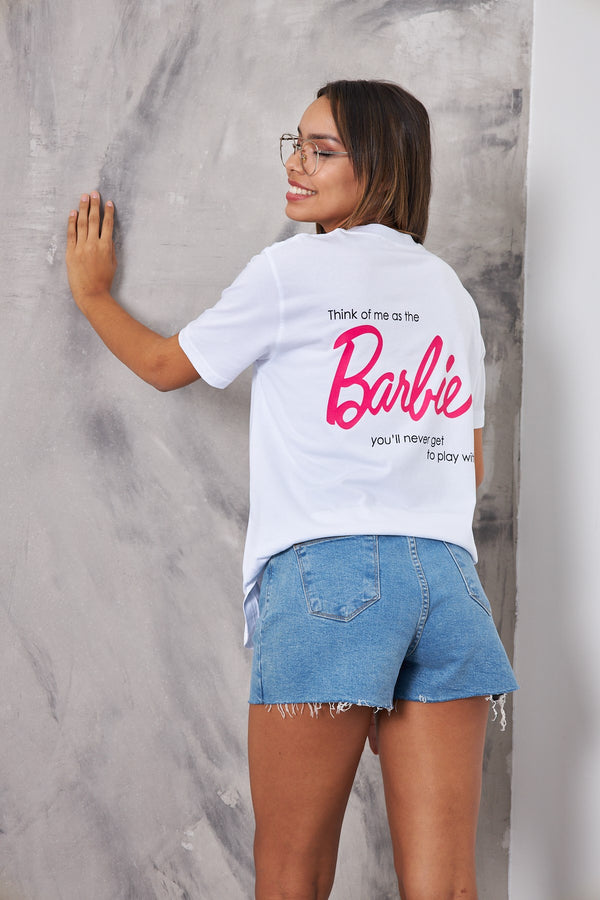 The Champ Barbie Tasarım Baskılı Oversize Beyaz Kadın T-Shirt