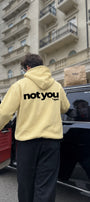 Unisex Oversize Hoodie Not You Again Baskılı Sarı – Kapüşonlu, Kanguru Cepli, 3 İplik Şardonlu 