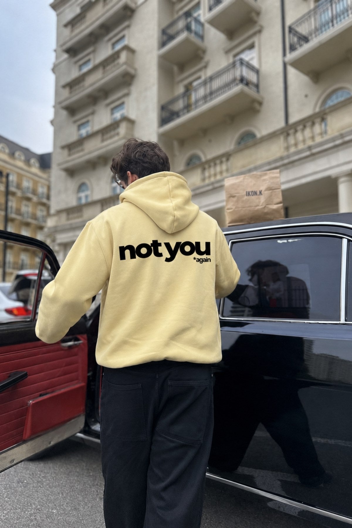Unisex Oversize Hoodie Not You Again Baskılı Sarı – Kapüşonlu, Kanguru Cepli, 3 İplik Şardonlu 