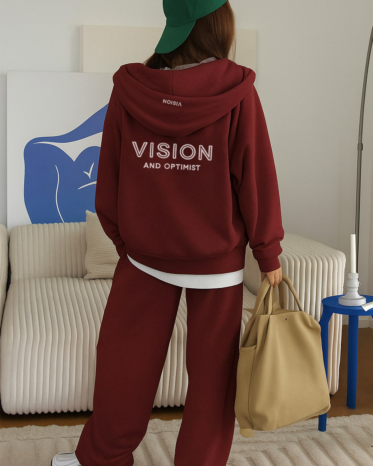 Kadın Oversize Eşofman Takımı Vision Baskılı Bordo – Kapüşonlu Fermuarlı, Bağcıklı Bel, Boru paça
