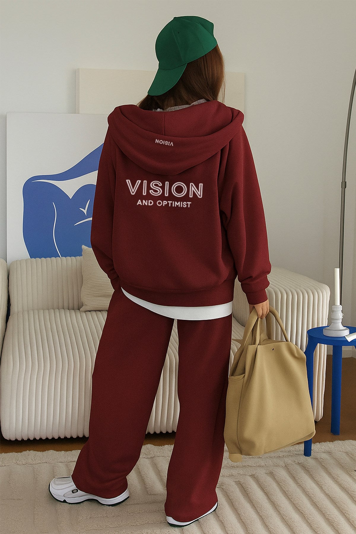 Kadın Oversize Eşofman Takımı Vision Baskılı Bordo – Kapüşonlu Fermuarlı, Bağcıklı Bel, Boru paça