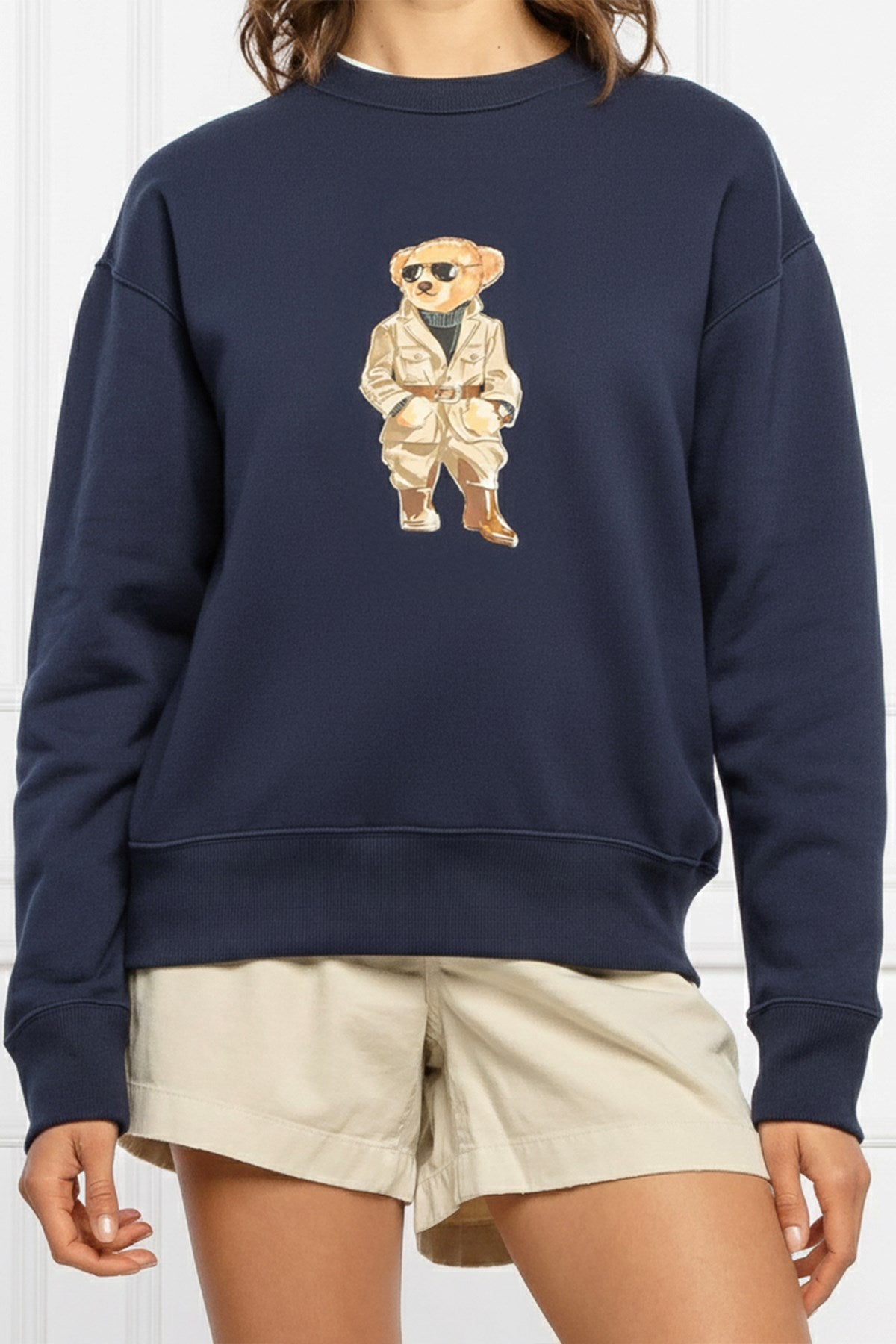 Kadın Oversize Sweatshirt Trench Bear Baskılı Lacivert – Bisiklet Yaka, 3 İplik Şardonlu