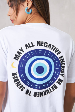 May All Negative Energy Yazılı Nazar Tasarım Beyaz Kadın T-Shirt