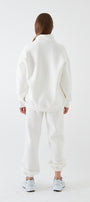 Unisex Oversize Sweatshirt Basic Beyaz – Yarım Fermuar Dik Yaka, 3 İplik Şardonlu Polar
