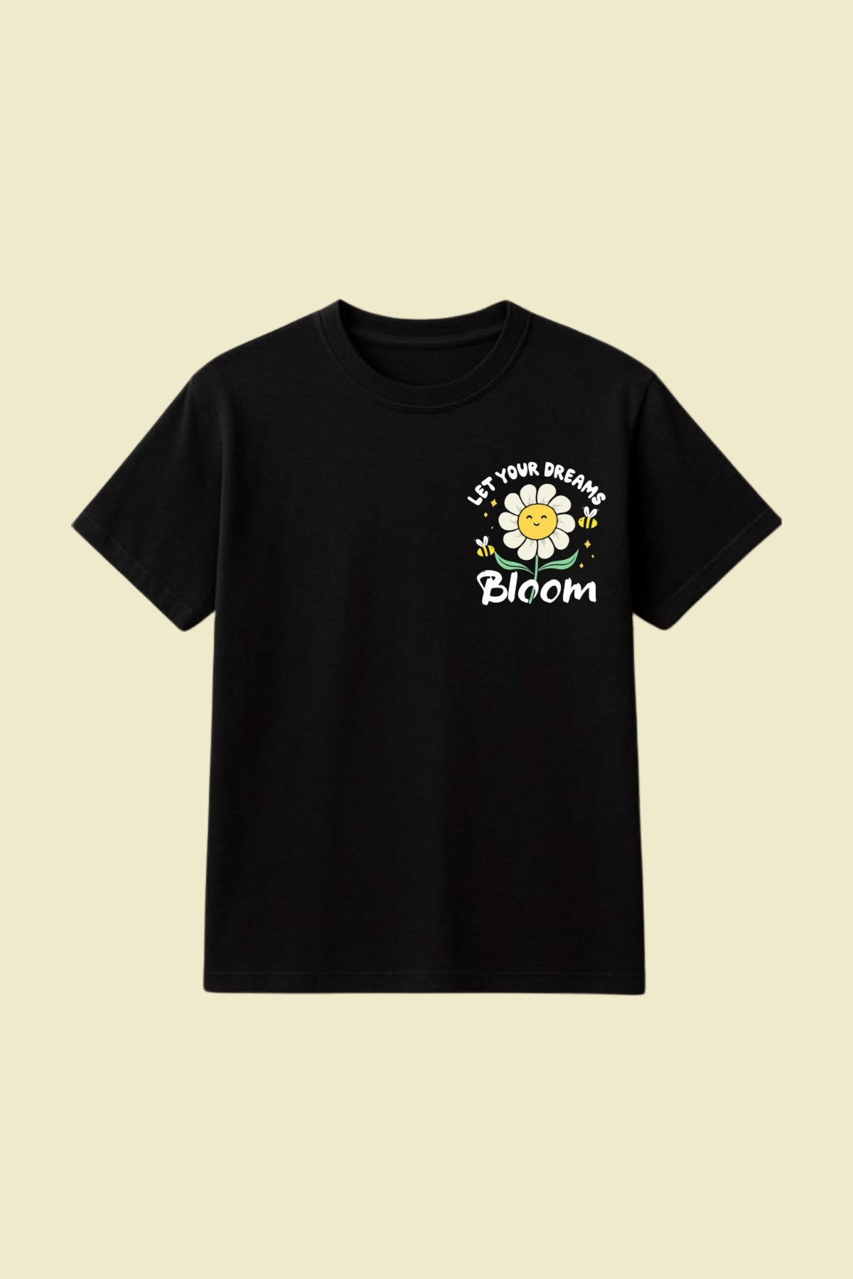 Kız Çocuk Tişört Let Your Dreams Bloom Baskılı Siyah – Bisiklet Yaka, Rahat Kalıp, %100 Pamuk