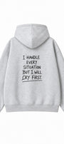Kadın Oversize Hoodie Cry First Baskılı Gri Melanj – Kapüşonlu, Kanguru Cepli, Düşük Omuz