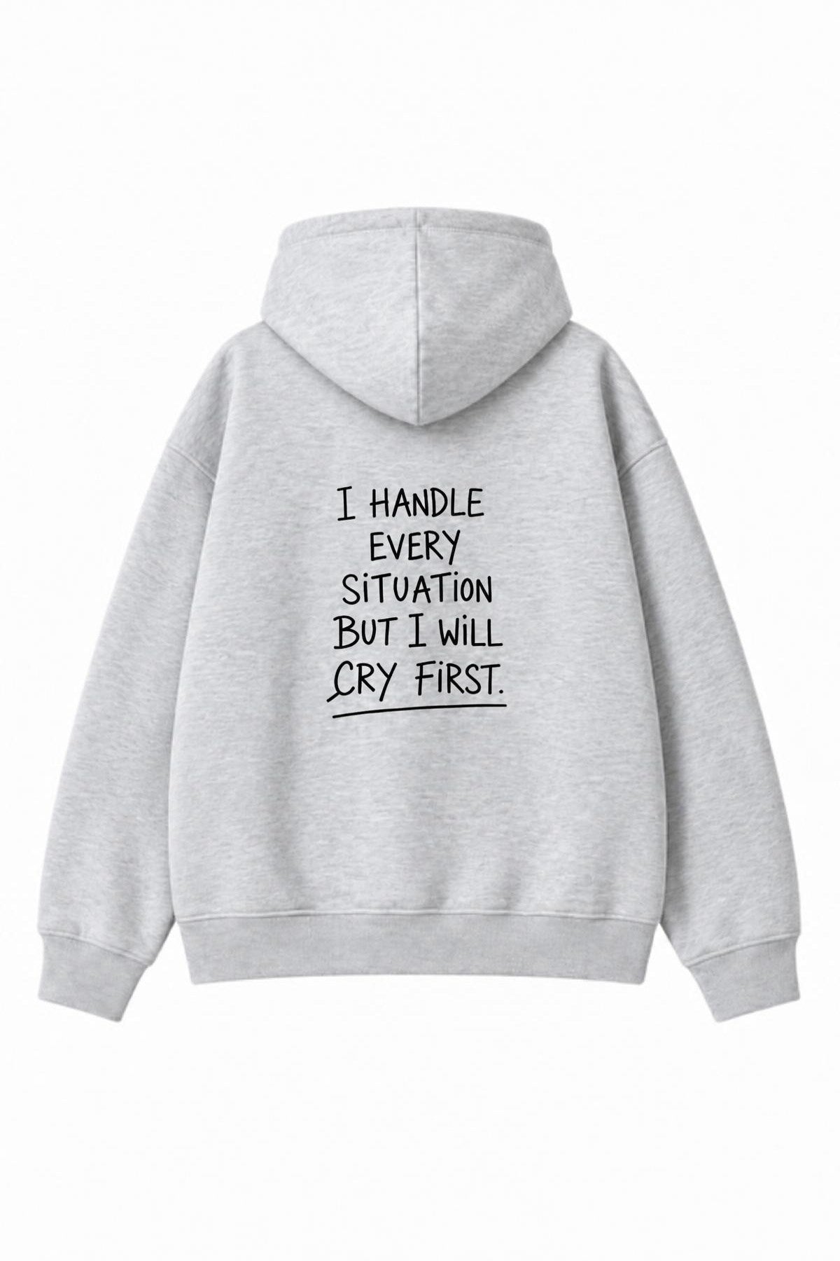 Kadın Oversize Hoodie Cry First Baskılı Gri Melanj – Kapüşonlu, Kanguru Cepli, Düşük Omuz
