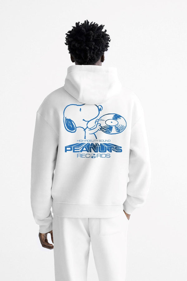 Kapüşonlu İçi Polar Peanuts Yazılı Snoopy Desen Baskılı Beyaz Oversize Hoodie Sweatshirt