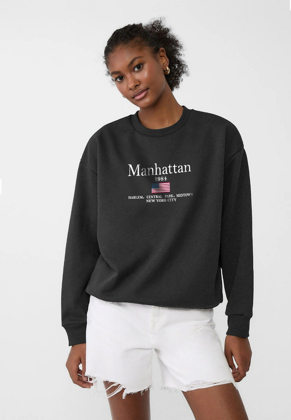 Bisiklet Yaka İçi Polar Manhattan 1984 Yazı Baskılı Siyah Oversize Sweatshirt