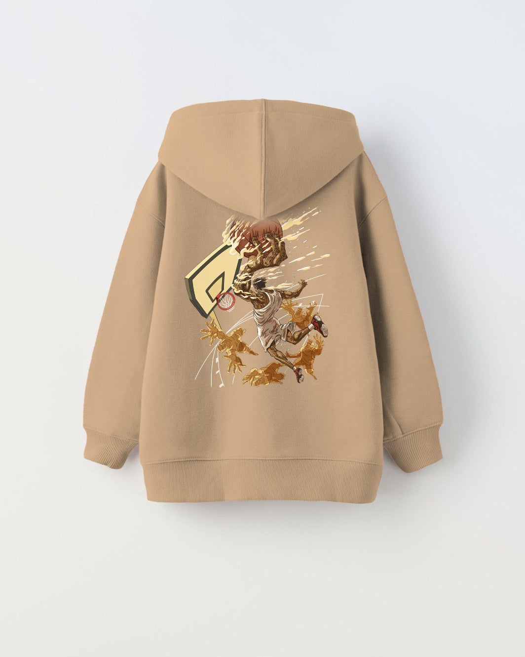 Kapüşonlu İçi Polar Basketbol Baskılı Bej Unisex Çocuk Sweatshirt