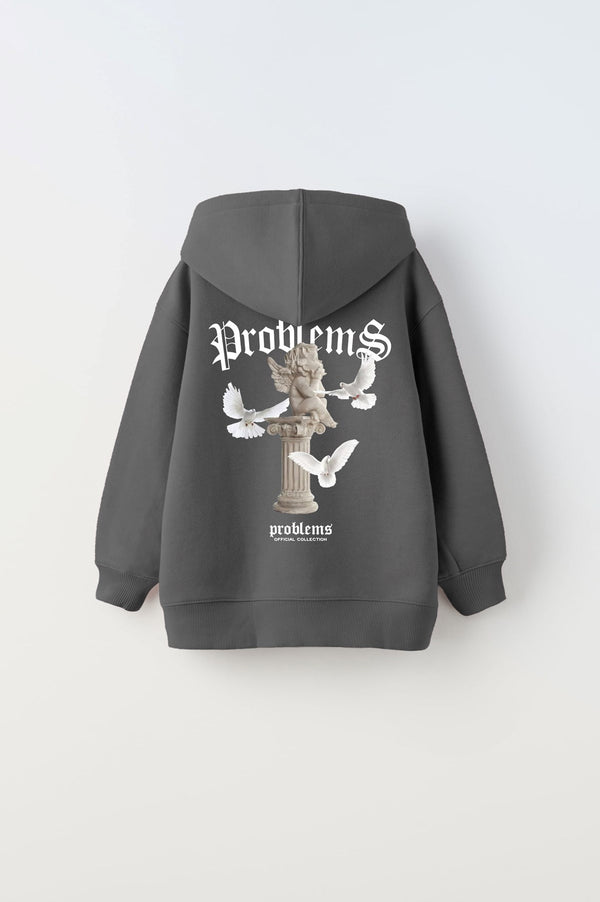 Kapüşonlu İçi Polar Problems Yazılı Heykel Baskılı Füme Unisex Çocuk Hoodie Sweatshirt