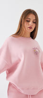 Kadın Oversize Sweatshirt Piglet Bloom Baskılı Pembe – Bisiklet Yaka, 3 İplik Şardonlu Polar