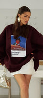 Kadın Oversize Sweat Elbise Bordo – 3 İplik Şardonlu , Bisiklet Yaka, Pantone - prenses baskılı